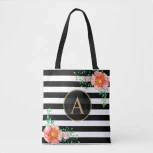 Tote Bag Aquarelle Floral or Monogramme noir blanc bande