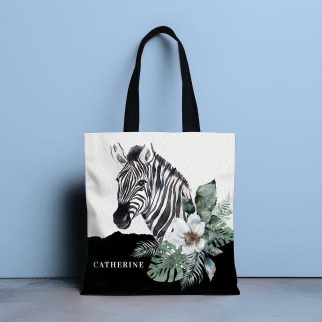 Tote Bag Aquarelle Floral Wild Zebra Nom personnalisé (Créateur téléchargé)