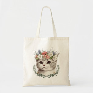 Tote Bag Aquarelle Florale Chat Cute