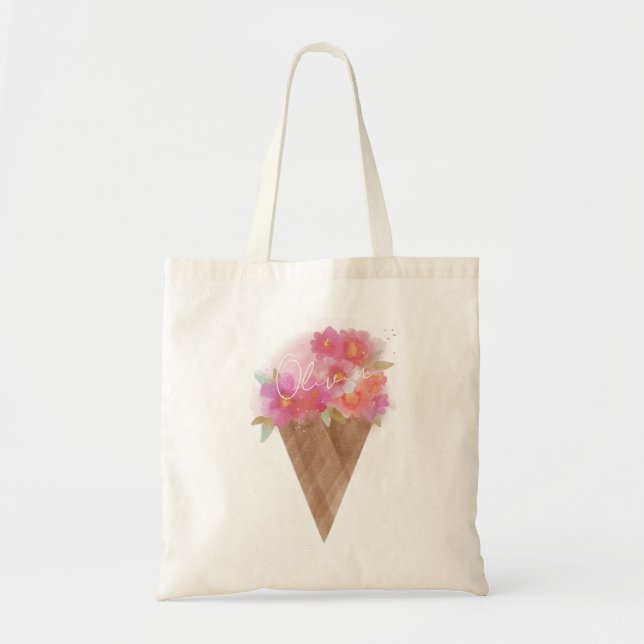 Tote Bag Aquarelle Florale Ice Cone de crème avec nom (Devant)