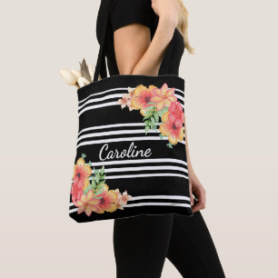 Tote Bag Aquarelle florale personnalisée Blancs noirs