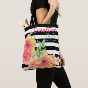 Tote Bag Aquarelle florale personnalisée Blancs noirs