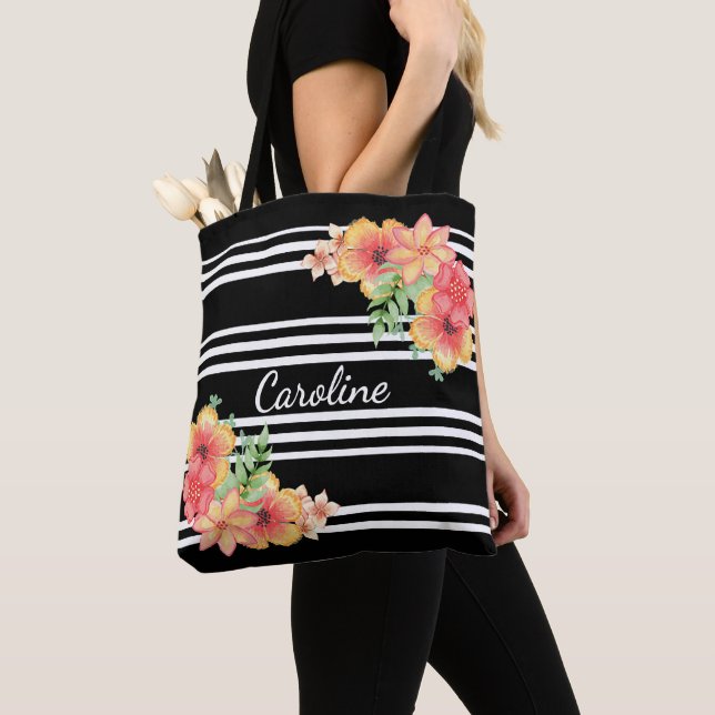 Tote Bag Aquarelle florale personnalisée sur fond de rayure (De près)