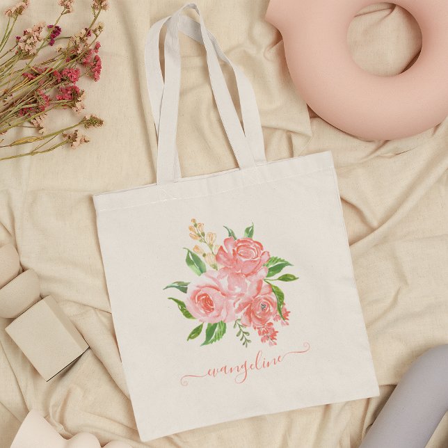 Tote Bag Aquarelle florale rose rose personnalisée Jolie (Créateur téléchargé)
