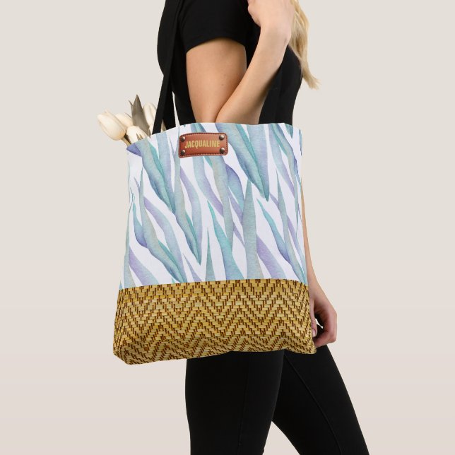 Tote Bag Aquarelle florale tendance look rotin (De près)