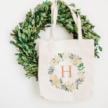 Tote Bag Aquarelle floue brillante de la cheminée<br><div class="desc">Le design élégant en monogramme floral présente une couronne de roses aquarellés et de fleurs de ranunculus. Personnalisez avec le monogramme personnalisé initial en or rose. Les couleurs douces comprennent des tons rose pâle,  pêche,  gris,  crème,  vert et or. Fait un cadeau unique de mariée / fête de mariée!</div>