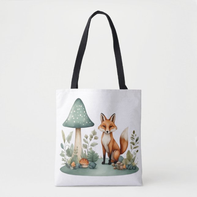 Tote Bag Aquarelle Forêt de bois renard et champignons (Devant)