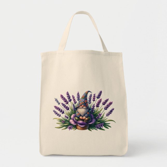 Tote Bag Aquarelle Gnome & Fleurs pourpres (Devant)