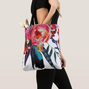 Tote Bag Aquarelle gros pivoines cuivre métallique monogram