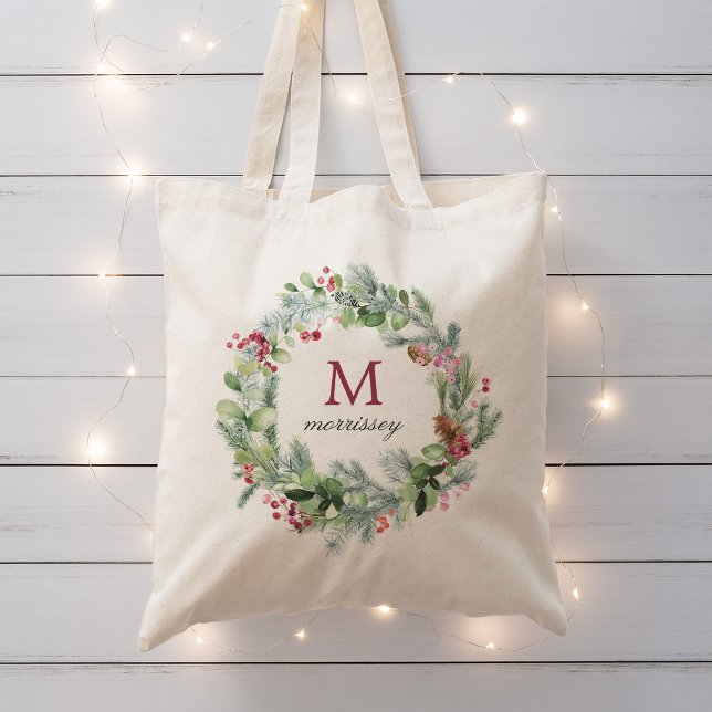 Tote Bag Aquarelle Hiver Verdure Wreath Monogramme (Watercolor Winter Greenery Wreath Monogram Tote Bag)