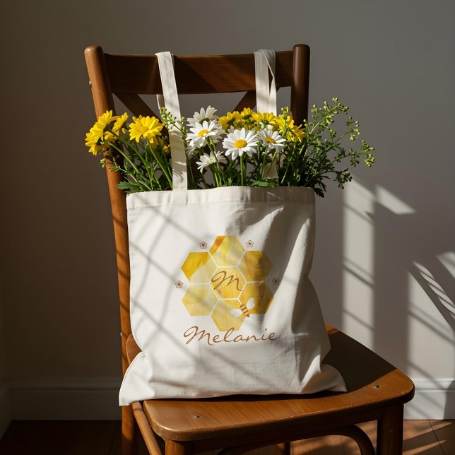 Tote Bag Aquarelle Honeypeb Fleur et Miel Bee Monogramme (Honeycomb Watercolor Flower & Honey Bee Monogram Tote Bag)