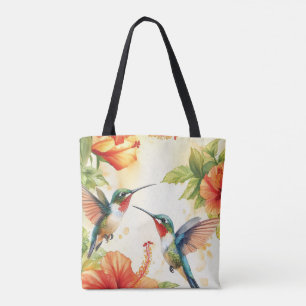 Tote Bag Aquarelle Hummingbird and Flowers Design