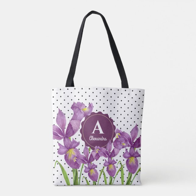 Tote Bag Aquarelle Iris Violet Points Noir Blanc (Dos)