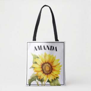 Tote Bag Aquarelle Jaune Personnalisé Nom Tournesol