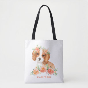 Tote Bag Aquarelle King Charles Spaniel Orange Fleurs