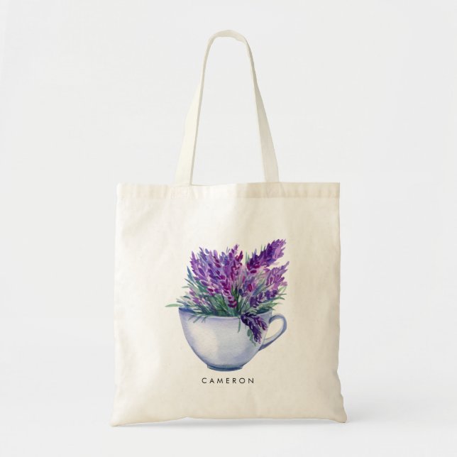 Tote Bag Aquarelle Lavande Fleurs dans Teacup Personnalisé (Devant)