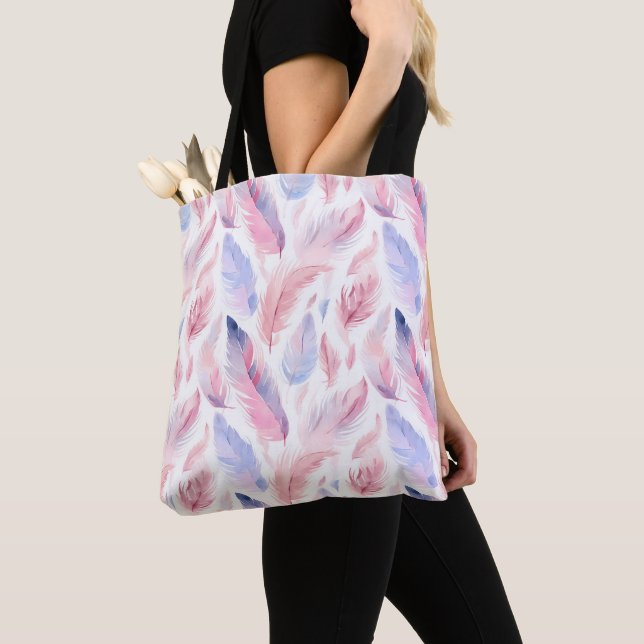 Tote Bag Aquarelle Lavande Pink Pastel Feathes Printemps (De près)