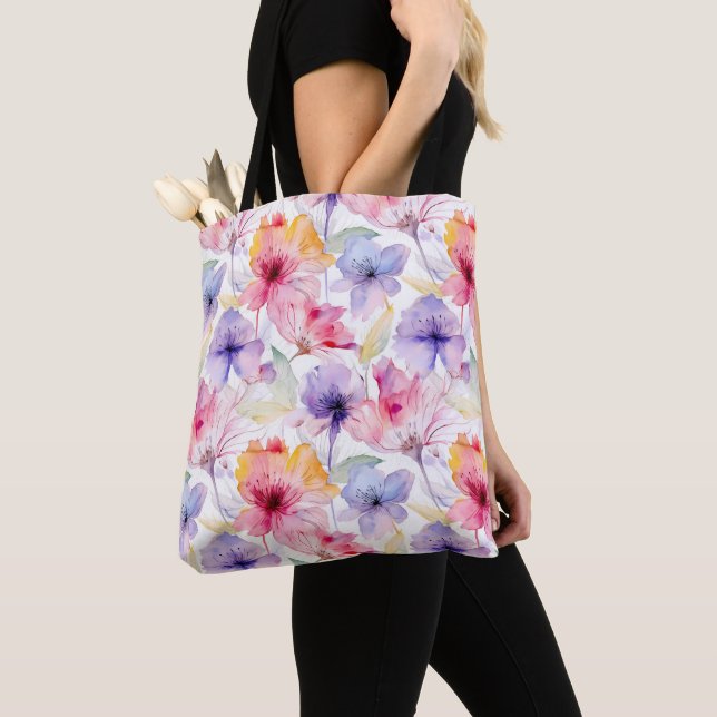 Tote Bag Aquarelle Lavande Rose Rouge Pastel Floral Printem (De près)