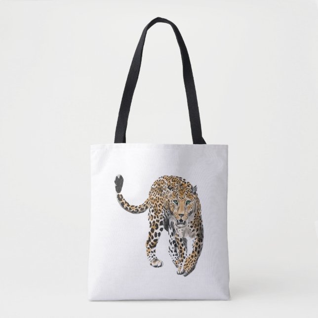 Tote Bag aquarelle léopard jungle chat animal peint vert (Devant)