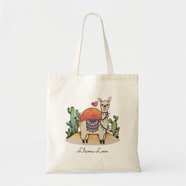 Tote Bag Aquarelle Llama Avec Cactus (Devant)
