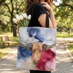 Tote Bag Aquarelle Longhorn du Texas avec carte du drapeau 
