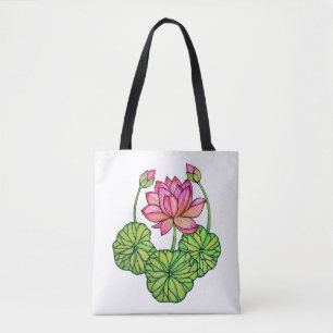 Tote Bag Aquarelle Lotus rose avec les bourgeons et le