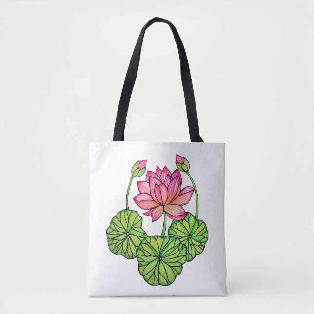 Tote Bag Aquarelle Lotus rose avec les bourgeons et le (Devant)