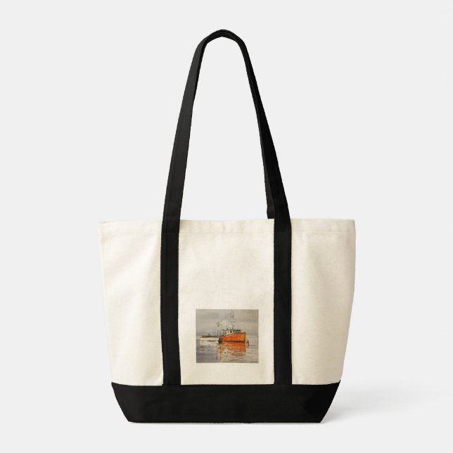 Tote Bag Aquarelle Maine Bateau de pêche Océan Orange Grey (Dos)
