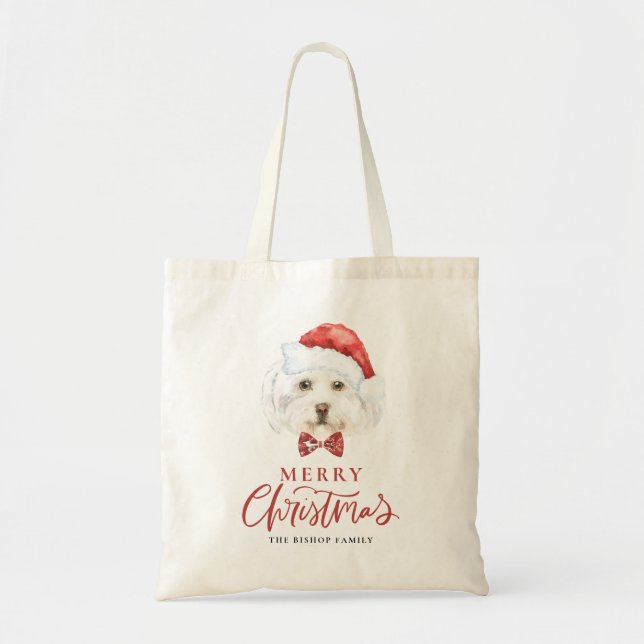 Tote Bag Aquarelle Maltese avec le chapeau du Père Noël per (Devant)