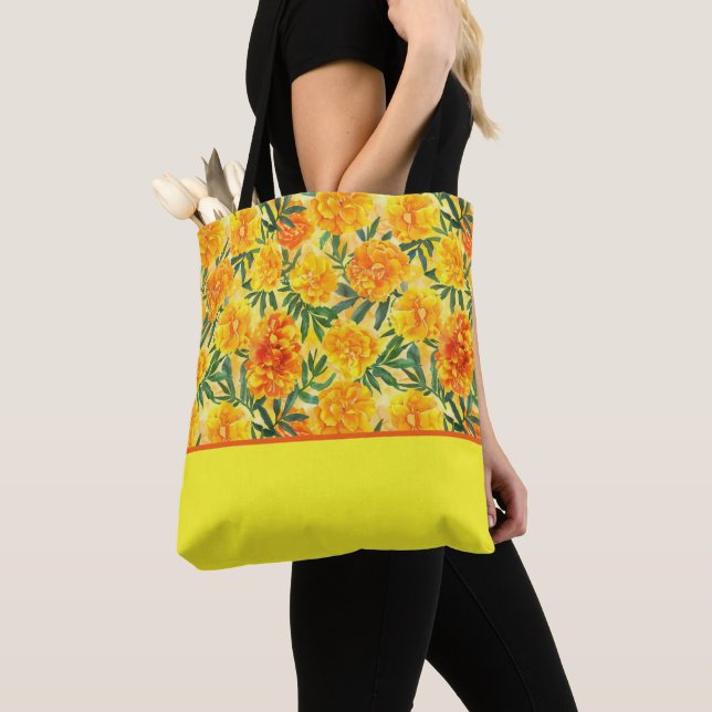 Tote Bag Aquarelle Marigolds jaune et orange, Bloc de coule (De près)