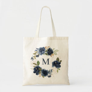 Tote Bag Aquarelle Marine Bleu Roses Floral Wreath Monogram