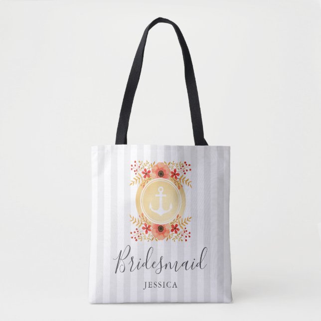 Tote Bag Aquarelle marine Floral Gold Ancre Bridesmaid (Devant)