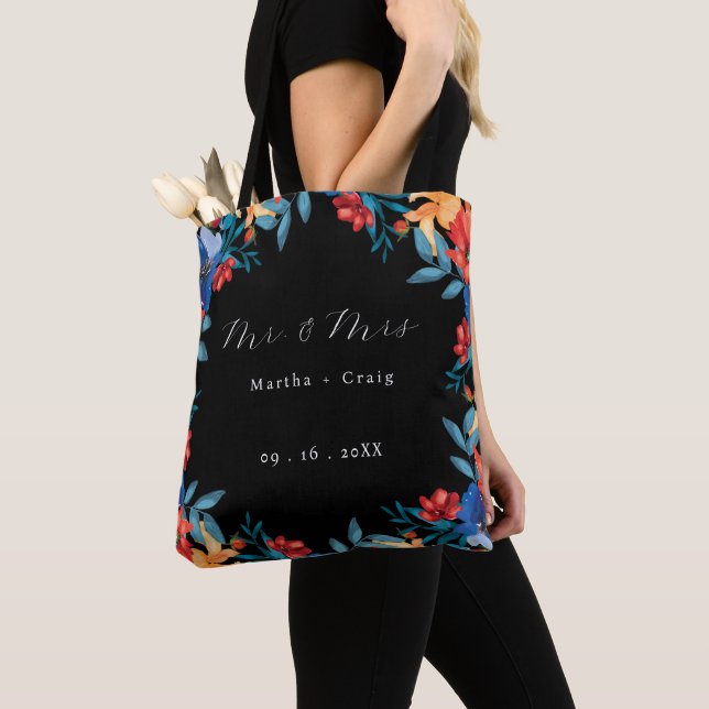 Tote Bag Aquarelle mexicaine Fleur Mariage noir (De près)