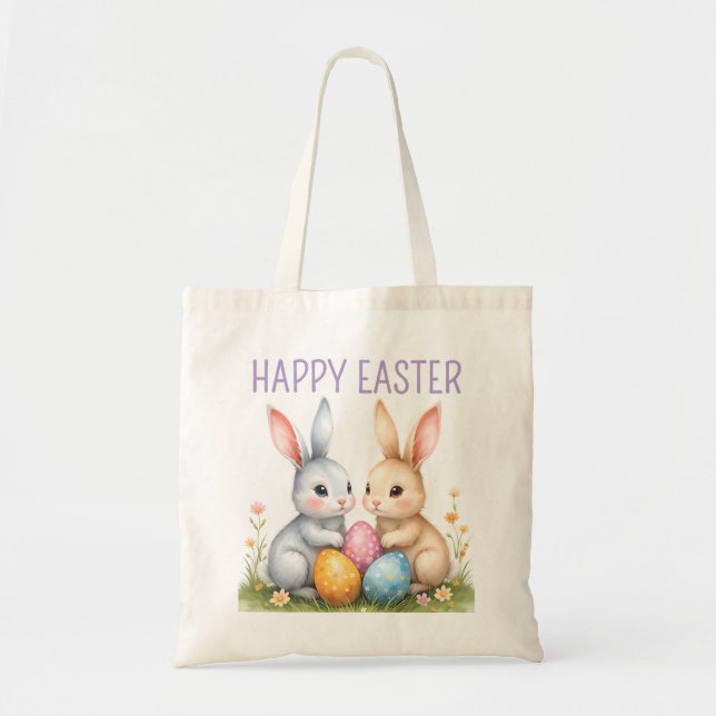 Tote Bag Aquarelle mignonne lapins de Pâques heureux Pâques (Devant)