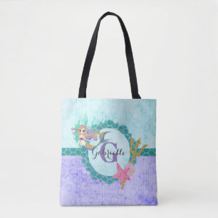 Tote Bag Aquarelle mignonne sirène Turquoise et violet