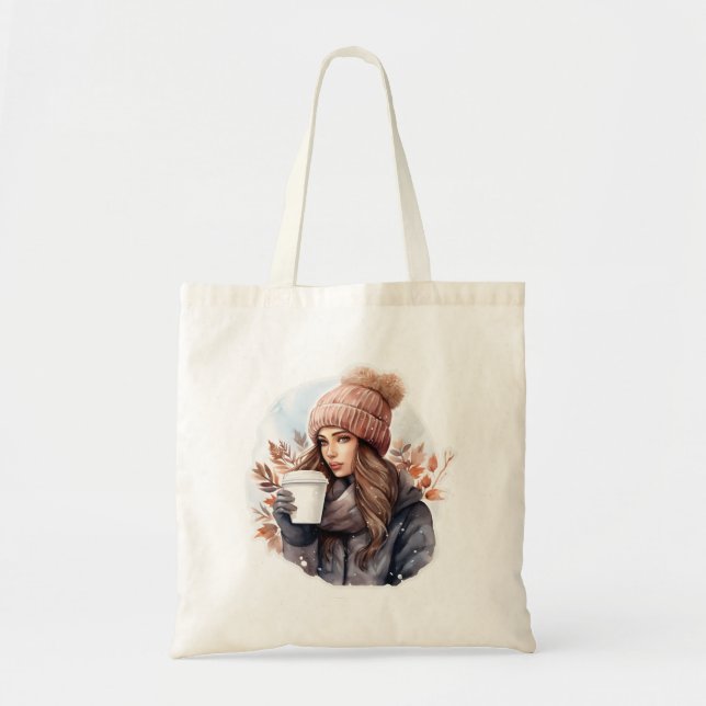 Tote Bag Aquarelle mode hiver fille avec café (Devant)
