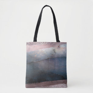 Tote Bag Aquarelle Moderne Bleu & Rose Or Blush Glam