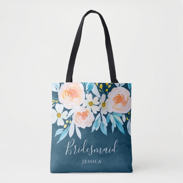 Tote Bag Aquarelle moderne Floral Bleu Mariage Bridesmaid (Devant)