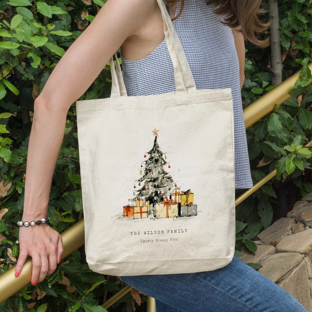 Tote Bag Aquarelle moderne Sketchy Cadeaux de Noël Arbre (Créateur téléchargé)