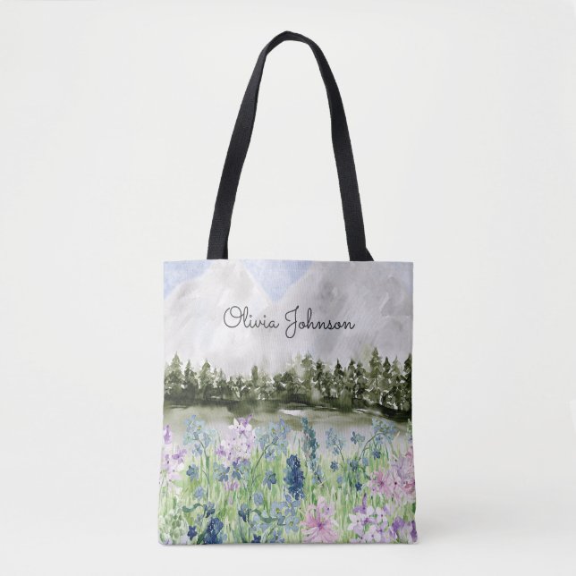 Tote Bag Aquarelle monochrome bleu violet prairie (Devant)