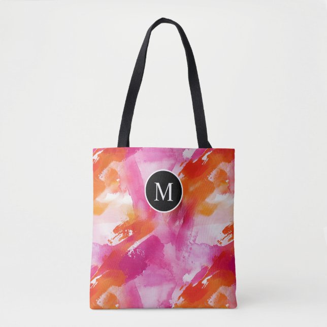 Tote Bag Aquarelle Monogram Orange Rose Abstrait (Devant)