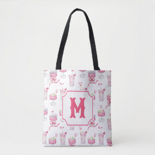 Tote Bag Aquarelle Monogramme Cocktails Mahjong Rose Chaud