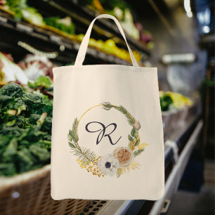 Tote Bag Aquarelle monogramme couronne florale