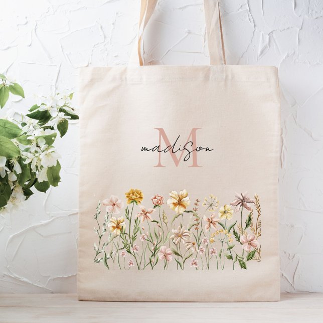 Tote Bag Aquarelle monogramme Fleur sauvage Floral de prair (In situ)