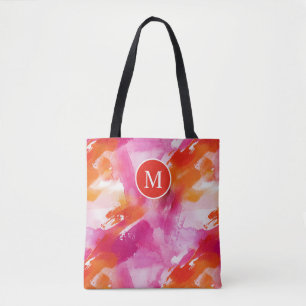 Tote Bag Aquarelle Monogramme Rose Orange Abstrait