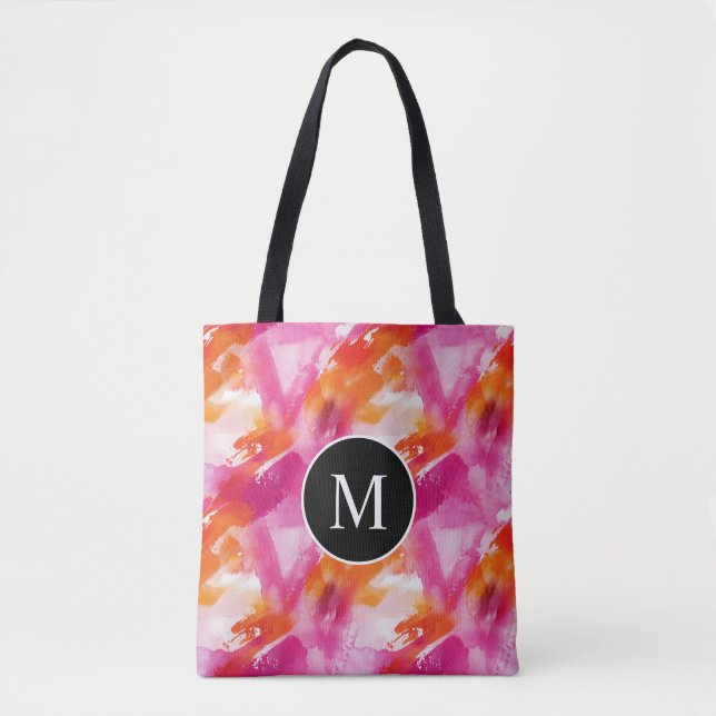 Tote Bag Aquarelle Monogramme Rose Orange Abstrait (Devant)