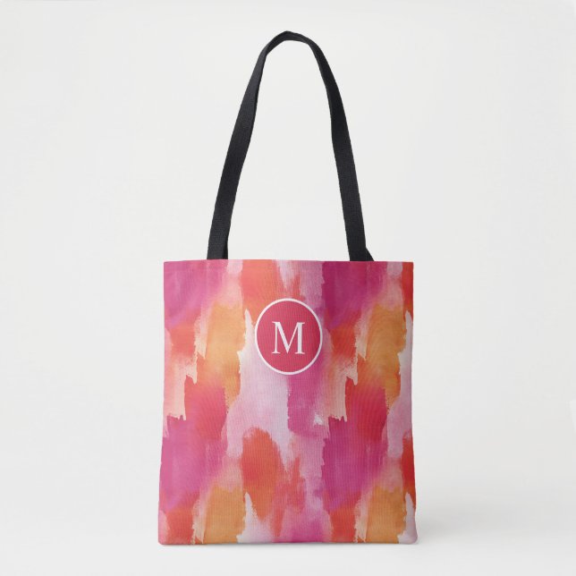 Tote Bag Aquarelle Monogramme Rose Orange Abstrait (Devant)