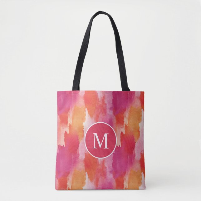 Tote Bag Aquarelle Monogramme Rose Orange Abstrait (Devant)