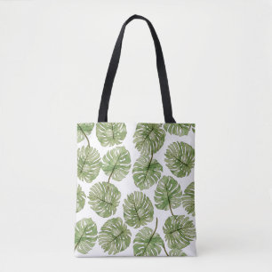 Tote Bag Aquarelle Monstera Vert Tropical Feuilles sans cou