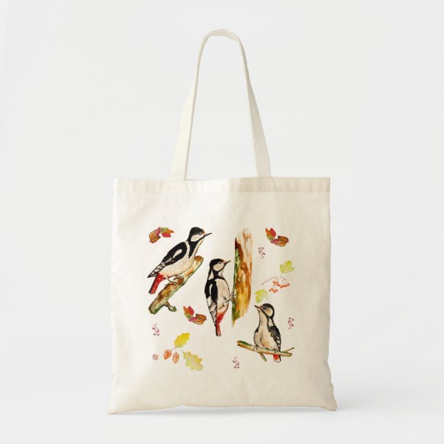 Tote Bag Aquarelle motif avec oiseaux pic (Devant)